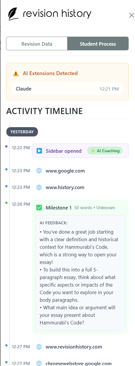 Revision History teacher view showing student AI activity